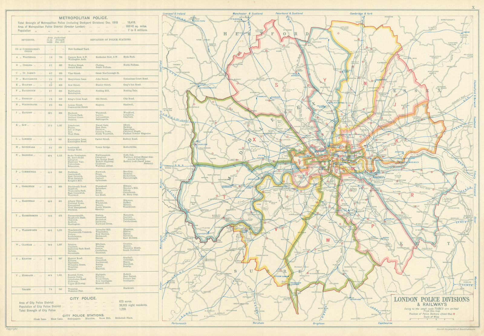 LONDON POLICE DIVISIONS & RAILWAYS showing Police stations. BACON 1919 old map